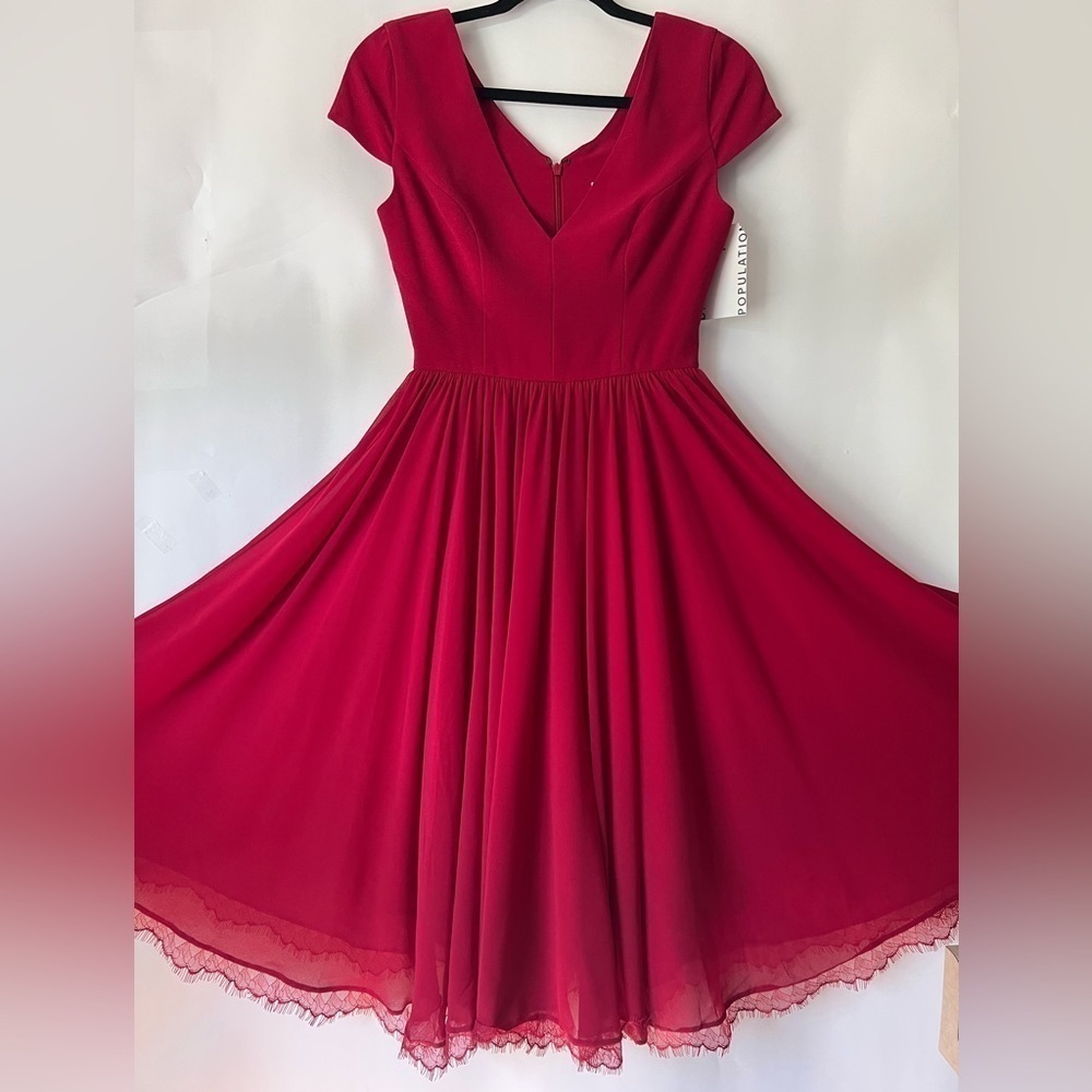 Dress The Population,Corey Plunging Mix Media Cap Sleeve Midi Dress-Red. Size:XS
